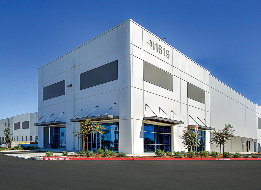 Industrial building storefront exterior at 1619 Boeing Way in Stockton