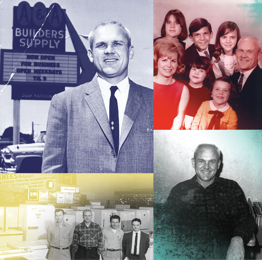 Photo collage of Buzz Oates in front of A&A Builders Supply, his family, old appliance shop.