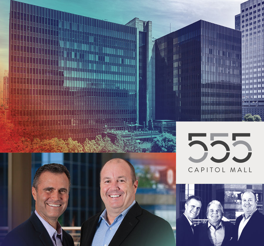 Photo collage of 555 Capitol Mall building, Larry Allbaugh, Kevin Ramos & Phil Oates