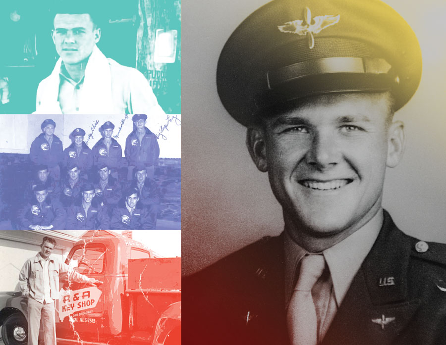 Photo collage of Buzz Oates in early life to 1940s