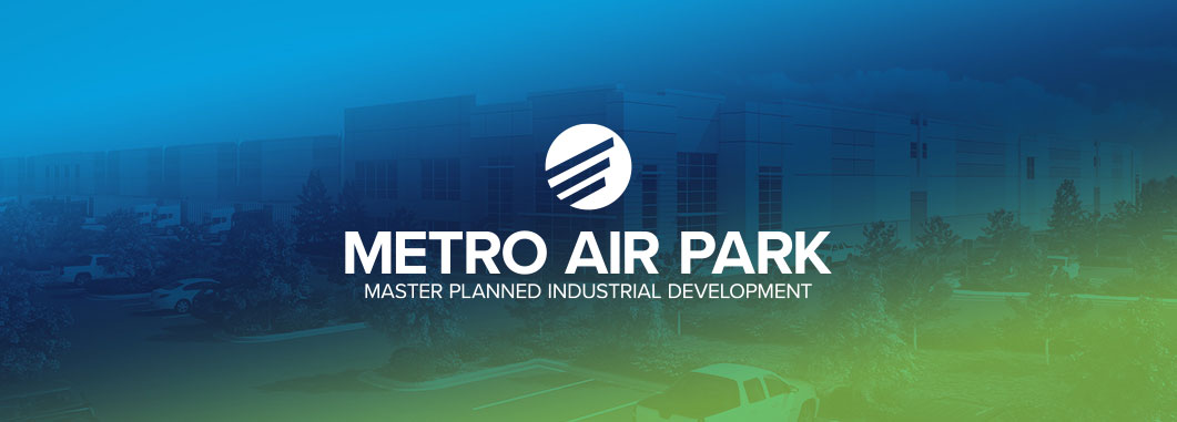 Metro Air Park logo overlaying a blue and green gradient background